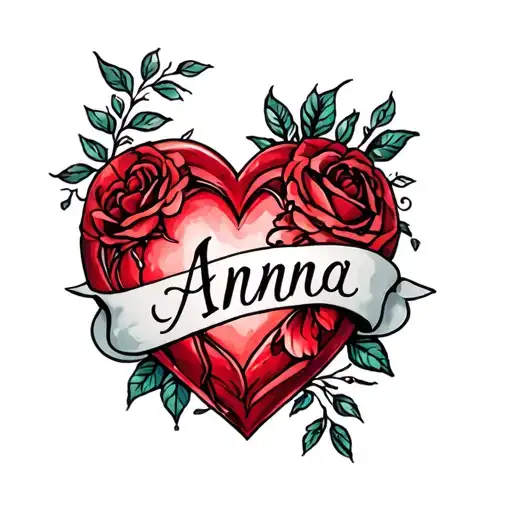 Name Anna Inside A big red Heart tattoo design idea