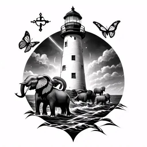 lighthouse shining in storm, 4 elephants, two butterflies and an anchor and cross tattoo design idea