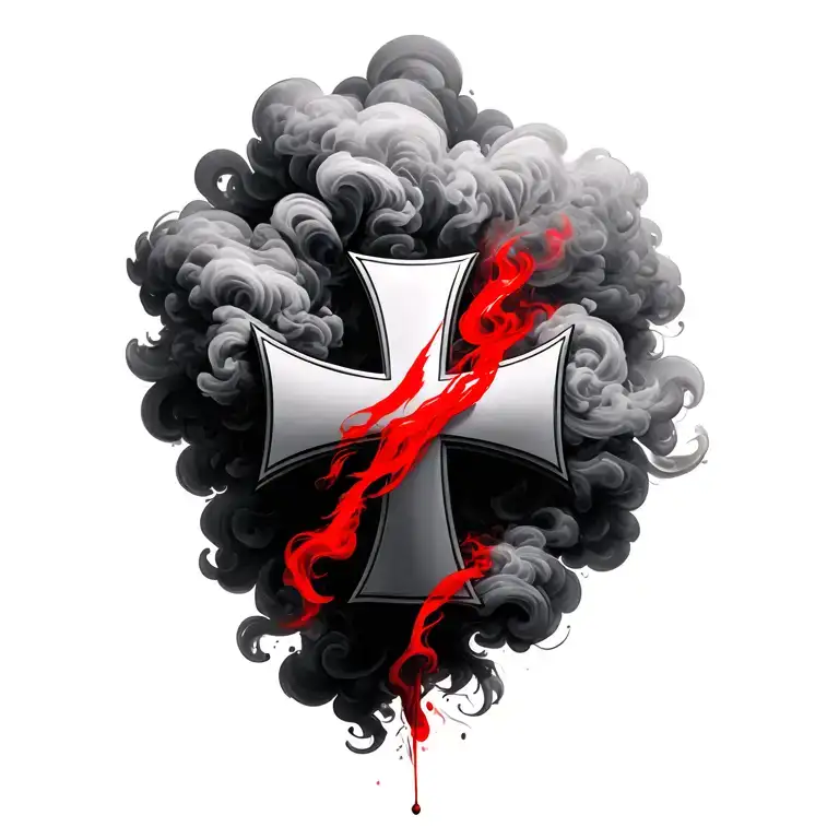 Maltese cross in a cloud of smoke with a thin red line  tattoo design idea