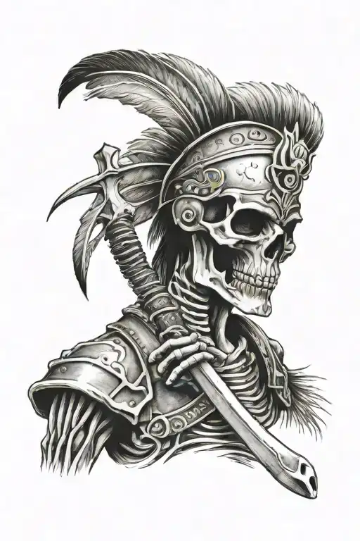 indian skeleton warrior upper body  facing forward holding tomahawk  tattoo design idea