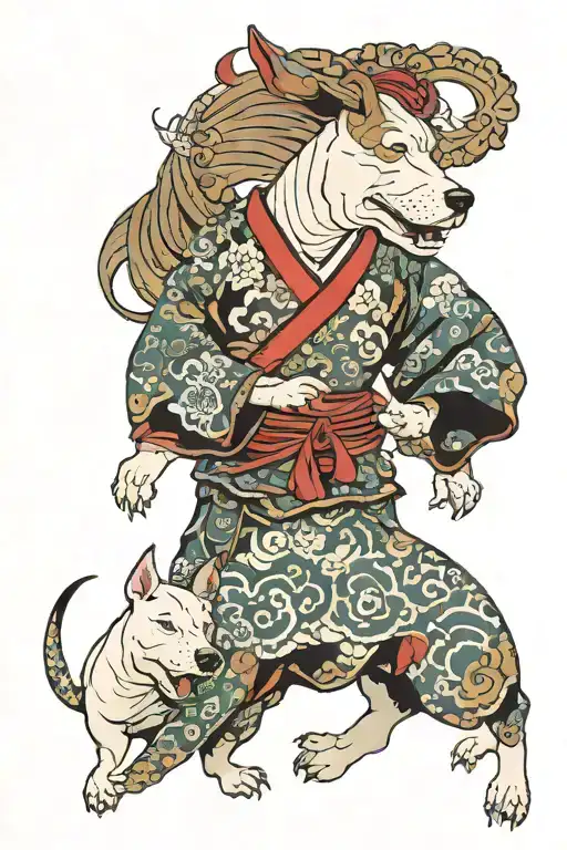 Bull terrier and woman tengu, background japanese waves and nobu kanji tattoo design idea