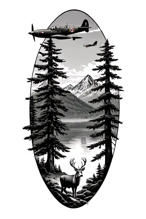 Douglas fir trees, with 1 supermarine spitfire flying above. mountains and a lake in the background, with a deer below  tattoo design idea