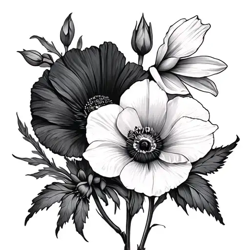 Jonquil, Daffodil, Poppy, Aster, Rosebud tattoo design idea