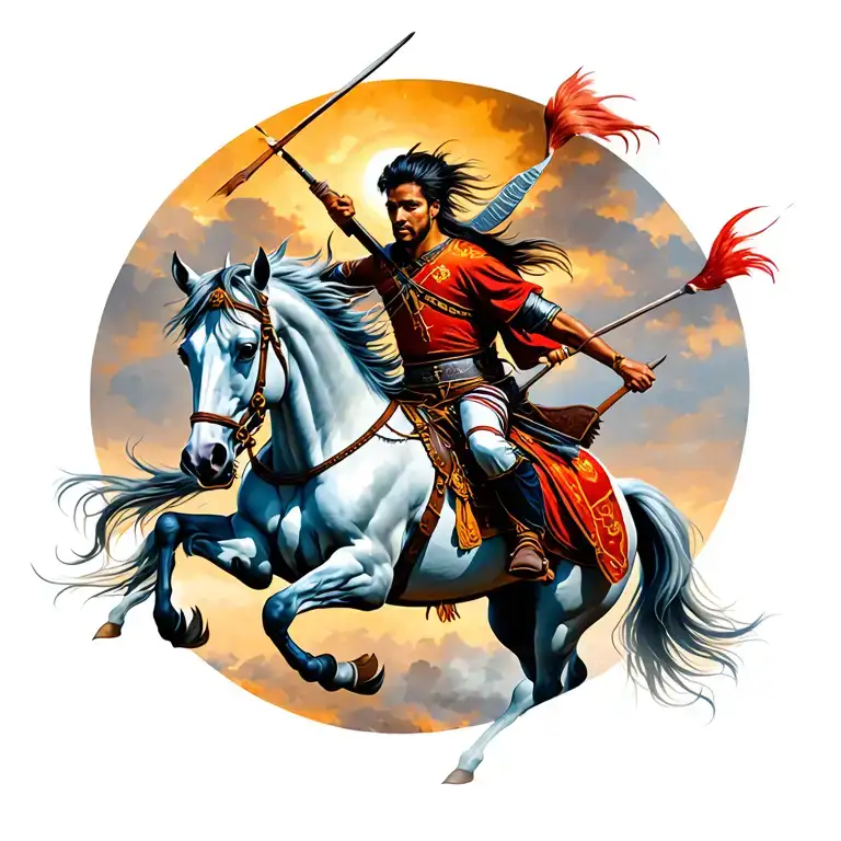 Pathania warrior battling on horse running tattoo design idea