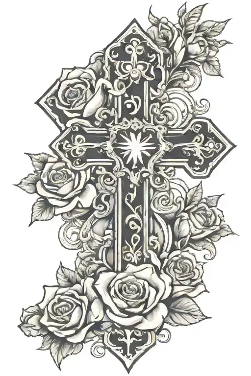 chrome heart diamond cross with clouds and growing roses tattoo design idea