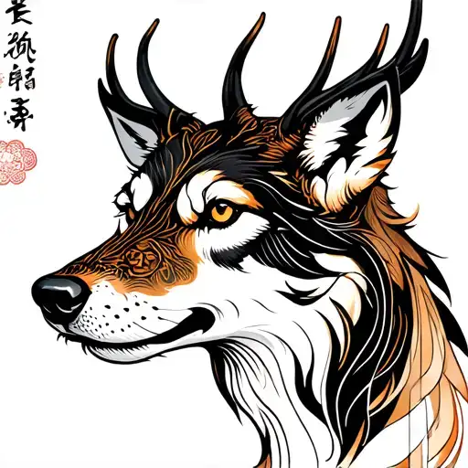 simetric wolf and deer head tattoo design idea