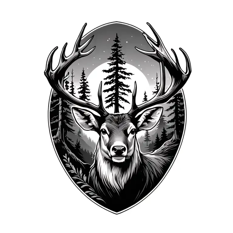 woods with deer head with trees tattoo design idea