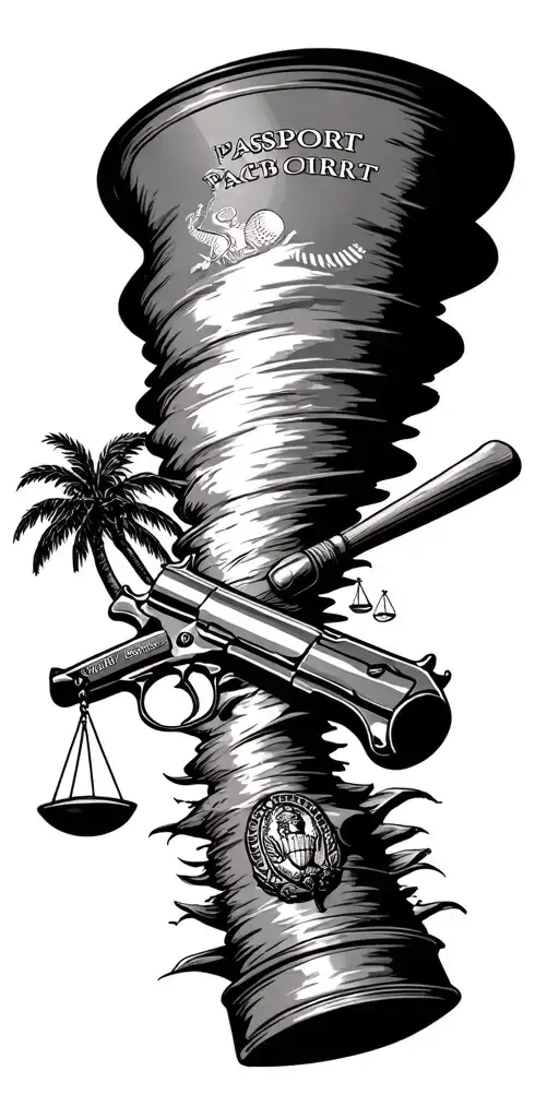 tornado sucking up scales of justice, gun, baseball bat, passport, and palm tree tattoo design idea