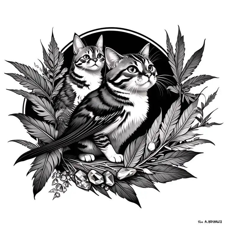 nature cats bird feathers crystals jumanji weed tattoo design idea