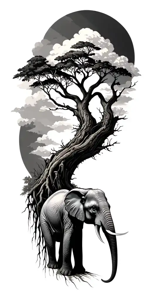 full sleeve tattoo with a cottonwood tree with roots coming down that leads into an elephant tattoo design idea