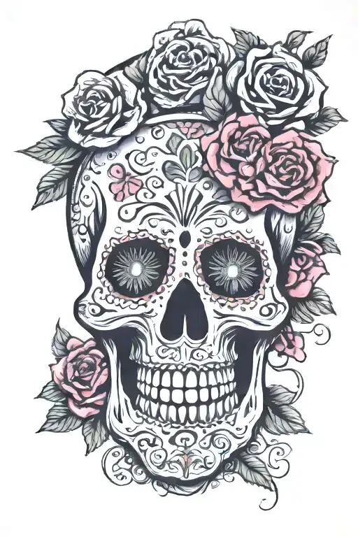 dias de muertos style skull decaorated with flowers around it with mexican carving over the skull celeberating life and  tattoo design idea