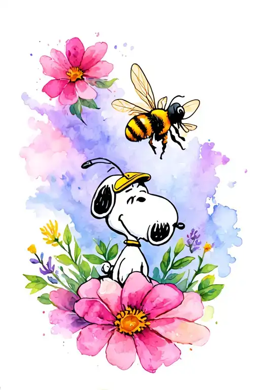 snoopy, flowers, bee flying tattoo design idea