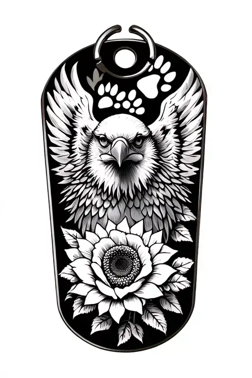eagle, military dog  tags, paw print, sunflower, tulip, rose, tiger lily, tattoo design idea