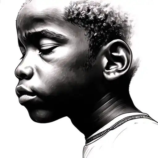 realistic African American young boy with small Afro praying with eyes closed looking completely right side  tattoo design idea