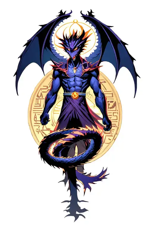 yugioh dark magican with slifer the sky dragon coiled around him with egyptian symbols in the background tattoo design idea
