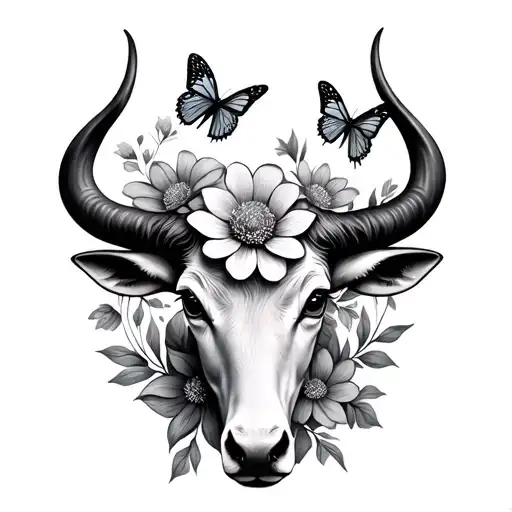 taurus symbol with flowers and butterflies tattoo design idea