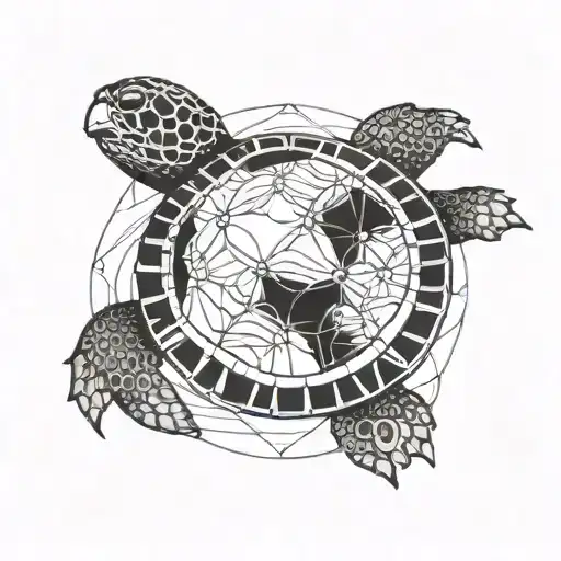 turtle with compass topographical lines tattoo design idea