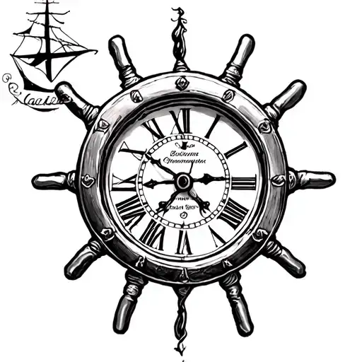 ships wheel with clock tattoo design idea