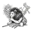 A lion smoking a joint surrounded by construction tools tattoo design idea