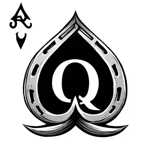 black ink tattoo of a sleek horseshoe with a 'Q' centered inside a spade symbol tattoo design idea