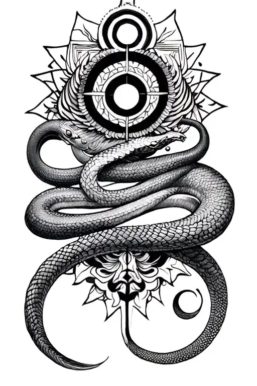 Please create a tattoo of tantric union, kundalini rise with a serpent and spirituality. Use tantric symbols of union. tattoo design idea