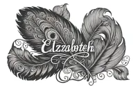 Elizabeth name with cursive letteringwith peacock feather transforming tattoo design idea