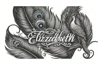 Elizabeth name with cursive letteringwith peacock feather transforming tattoo design idea