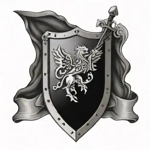 A knight's shield with a banner that reads 'loyalty' in old English script tattoo design idea