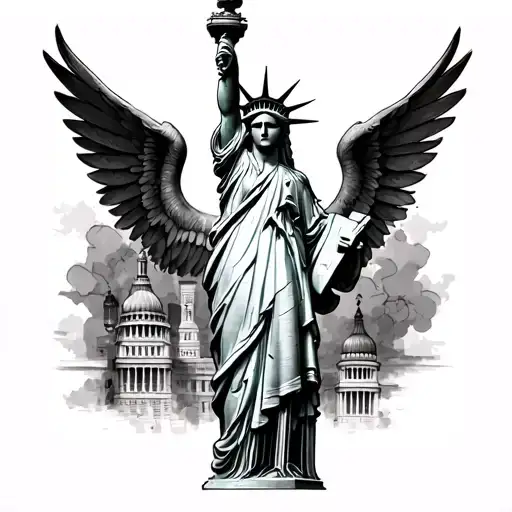 Statue of liberty with devil wings and and more horror like drug and criminal god detailed tattoo foreman half sleeve ma tattoo design idea