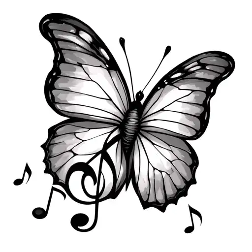a butterfly tattoo with a treble clef as the body and bass clefs as the antennas tattoo design idea