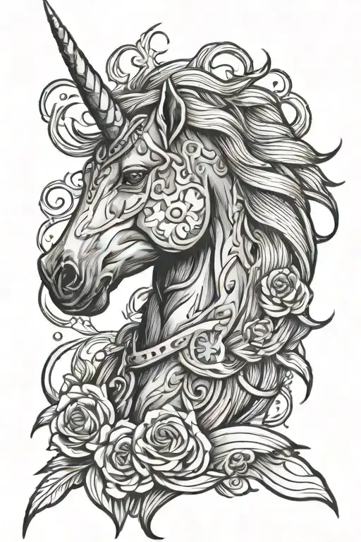 War unicorn head tattoo design idea