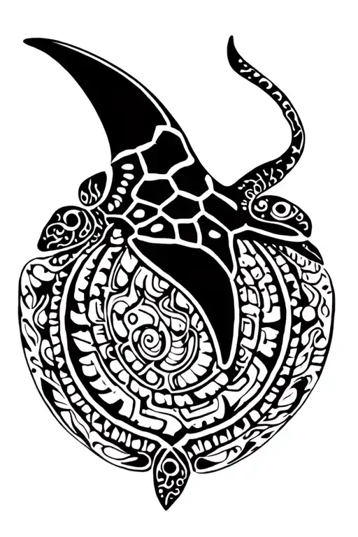 mayan themed manta ray and turtle swimming tattoo design idea