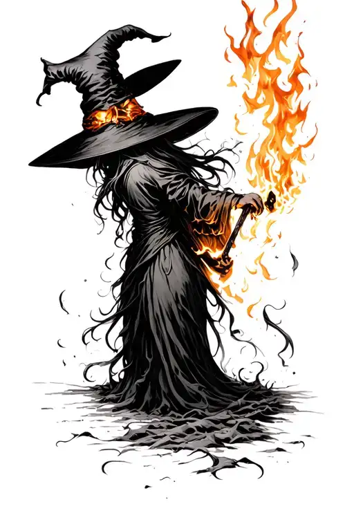 Witch burning, copper engraving, surrealism, anime, dark, wide angle, background artistic, black and white, tattoo tattoo design idea