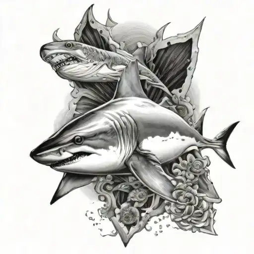 3d shark, marine world, manta ray, realistic, feminine tattoo design idea
