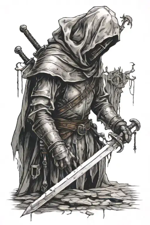 old hooded man knight holding a sword looking a little decayd by missing some of his body, standing still looking wise  tattoo design idea