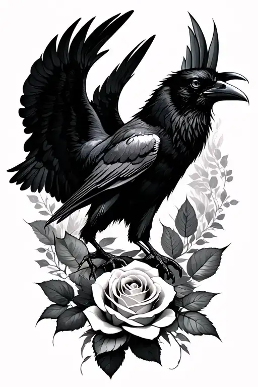 raven with wings spread and rose intertwined tattoo design idea