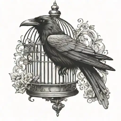 a raven perched inside a Victorian birdcage with the door open  tattoo design idea