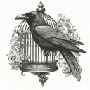 a raven perched inside a Victorian birdcage with the door open  tattoo design idea