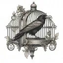 a raven perched inside a Victorian birdcage with the door open  tattoo design idea