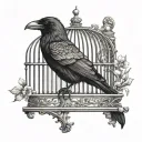 a raven perched inside a Victorian birdcage with the door open  tattoo design idea