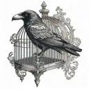 a raven perched inside a Victorian birdcage with the door open  tattoo design idea