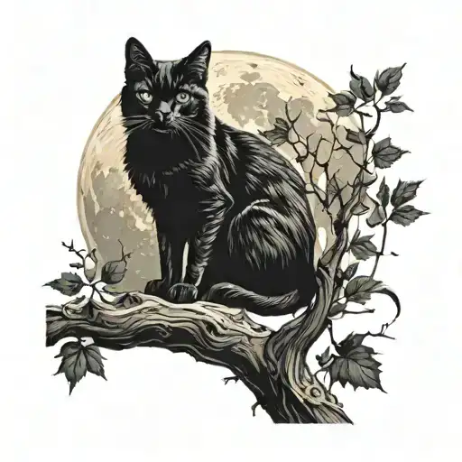 silhouette of a black cat sitting in the branch of a tree. the tree has leafs on them and the moon silhouettes the cat tattoo design idea