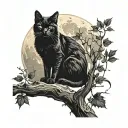 silhouette of a black cat sitting in the branch of a tree. the tree has leafs on them and the moon silhouettes the cat tattoo design idea