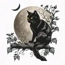 silhouette of a black cat sitting in the branch of a tree. the tree has leafs on them and the moon silhouettes the cat tattoo design idea