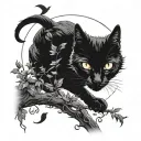 silhouette of a black cat sitting in the branch of a tree. the tree has leafs on them and the moon silhouettes the cat tattoo design idea