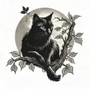silhouette of a black cat sitting in the branch of a tree. the tree has leafs on them and the moon silhouettes the cat tattoo design idea