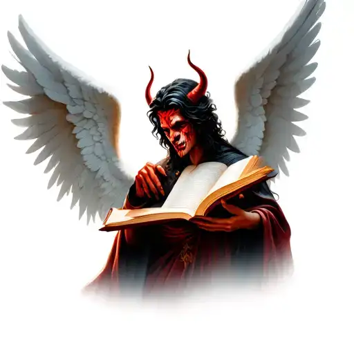 angel and devil holding open book tattoo design idea