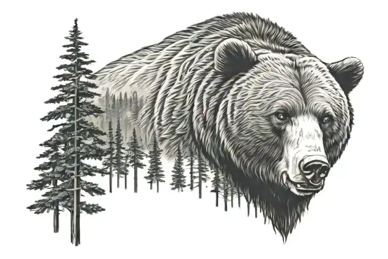 grizzly bear head surrounded by a forrest tattoo design idea