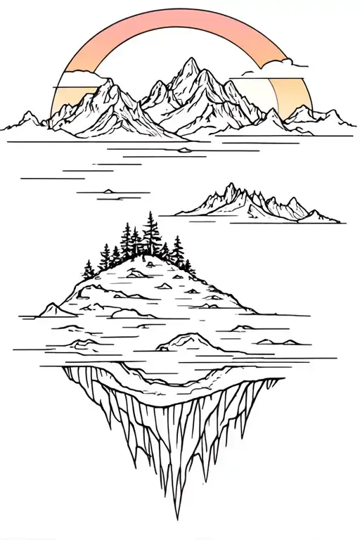mountain floating island in the sky with sunset outline tattoo design featuring tattoo design idea