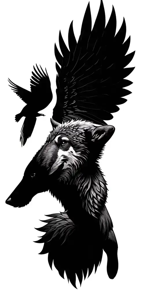 nature, wolf, bear, flying sparrow tattoo design idea